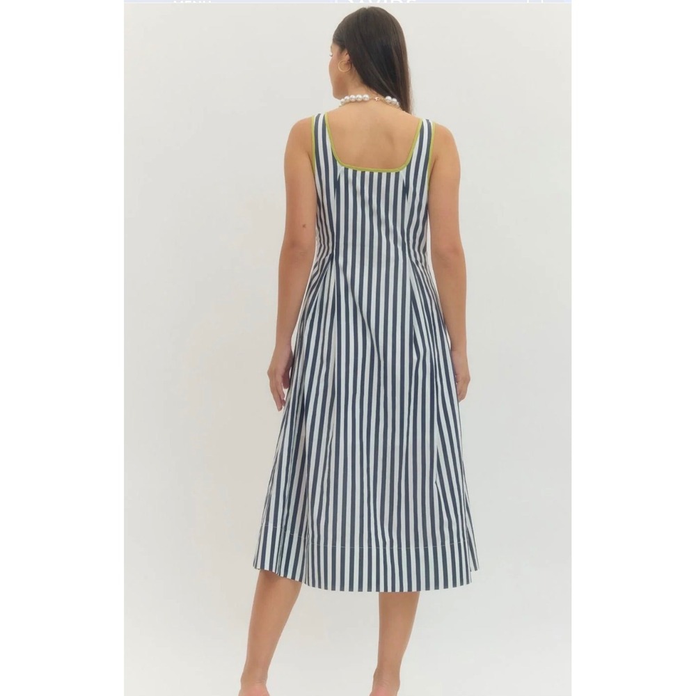 Entro Striped Midi Dress Green Trim Sleeveless Coastal Preppy Cotton Small - Picture 2 of 9